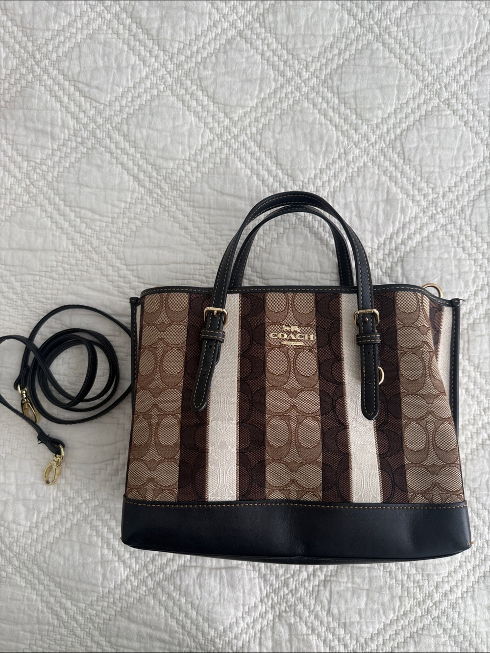 COACH Mollie Tote 25 In Signature Jacquard With Stripes Bag Brown Black READ - Picture 17 of 17